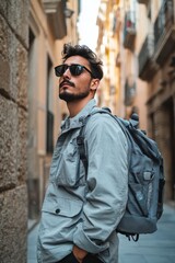 Obraz premium Young man with curly hair explores a narrow street in an old town during daytime