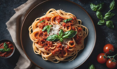 A plate of spaghetti with tomato sauce, basil, and parmesan cheese sits on a table with a napkin, tomato sauce, and basil leaves
