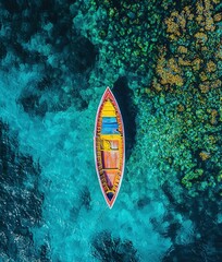   A boat floats on a body of water alongside a verdant field of greenery