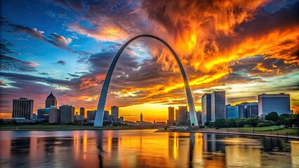 Dramatic sunset behind iconic Gateway Arch, a majestic stainless steel monument, against a vibrant orange and blue Missouri sky in St. Louis, Missouri.