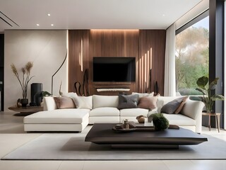 Modern living room with neutral tones and minimal decor, living room interior - 3d render