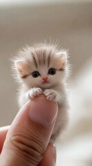 Fototapeta premium Adorable Tiny Kitten Perched on the Tip of a Human Finger, Captured in a Detailed Close-Up, Highlighting Its Delicate Features and Innocent Expression