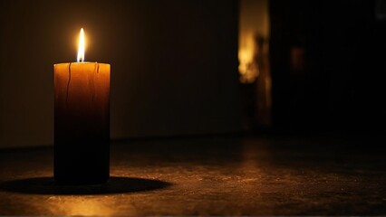 A single burning candle casts a warm glow in a dark room, with a blurred figure standing in the background, suggesting a sense of mystery and contemplation.