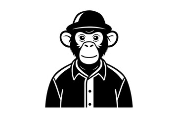 A monkey wearing a shirt and cap on a white background