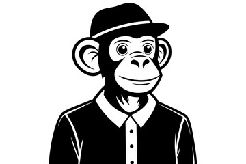 A monkey wearing a shirt and cap on a white background