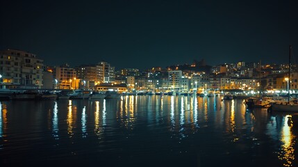 Obraz premium open port at night and in the background the sea and buildings with lights