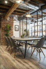 Fototapeta premium Modern meeting room with rustic elements in an urban setting during daylight