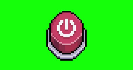 Animation of red power off button in pixel art and 8bit style on green background
