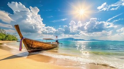 A serene beach with soft golden sand stretching into the horizon. A small, weathered wooden boat rests near the water’s edge, gently touched by the calm, crystal-clear waves. 