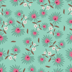 cream vector stock small flowers with green leaves pattern on green background
