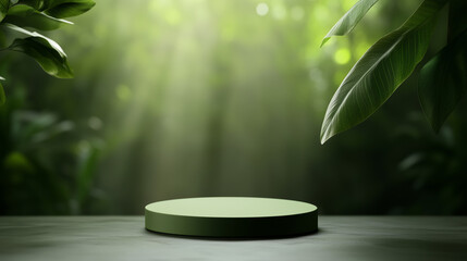 Mockup green podium for product presentation in green lush rainforest tropical jungle with sunlight