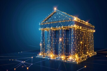 Digital high-tech gold  low poly wireframe bank building, The Future of Banking, Blockchain and Fintech Innovation, Cybersecurity in Financial Services, secure financial data and transactions.
