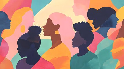 A colorful collage of abstract shapes and silhouettes representing people, set against an urban background with bold lines and contrasting colors
