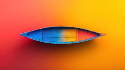  A blue-yellow boat atop a red-yellow wall alongside a red-yellow wall