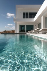 Fototapeta premium Modern villa with a shimmering pool under a clear sky in a serene outdoor setting