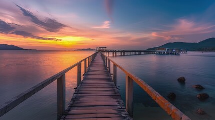  A long, weathered pier stretching out over tranquil waters during a vibrant sunset. The sky glows with warm shades of red and gold, casting soft reflections on the water below. 