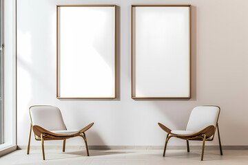 Two elegant modern chairs in a minimalist interior with blank frames, creating a calm and inviting atmosphere.
