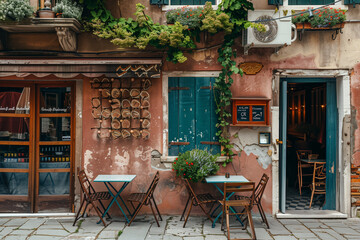 Nice cafe in old italian town, evening light, cute. Generative AI tools