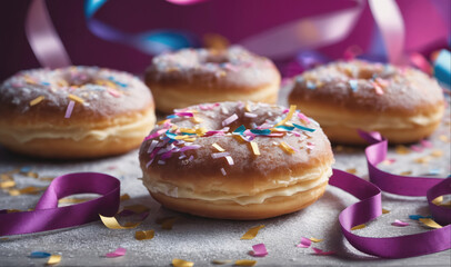 Four frosted donuts with sprinkles and ribbons are arranged on a table