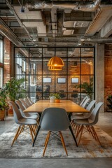 Fototapeta premium Modern meeting room with rustic elements in an urban setting during daylight