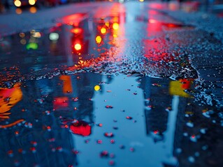 wet street with lights on it. 