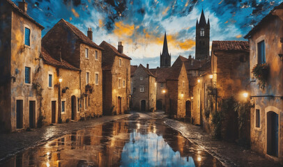 Fototapeta premium A quiet street in a European town at dusk, with a large puddle reflecting the sky and the buildings