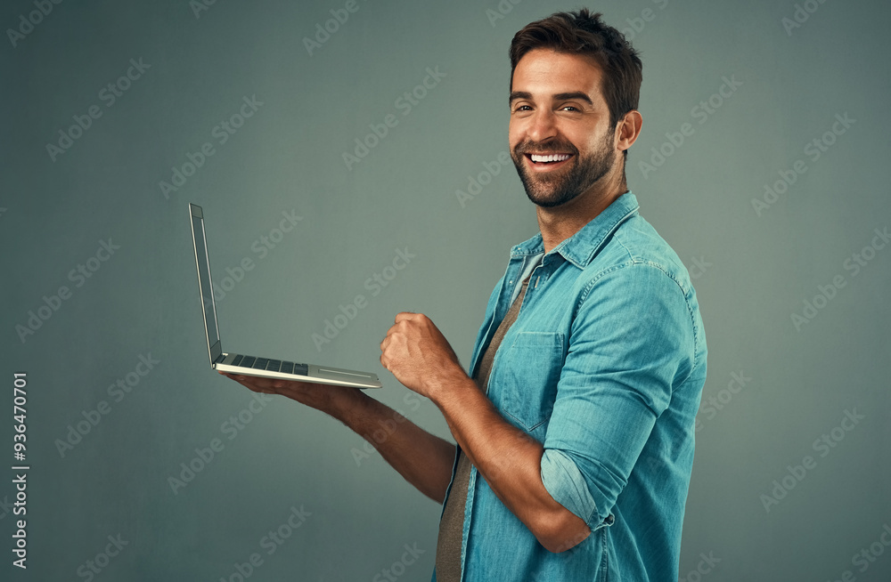 Poster studio, portrait and business man with laptop for research, planning and access information on inter