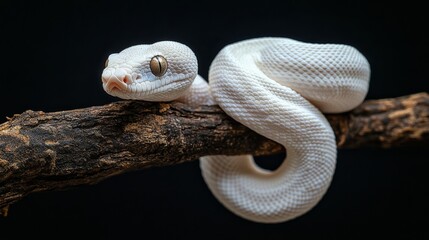 Fototapeta premium White snake with orange spots resting on a branch in a dark environment