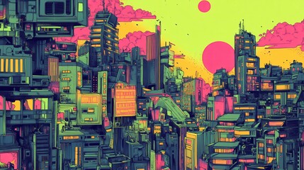 Obraz premium A vibrant illustration depicts a futuristic cityscape, showcasing tall buildings and a colorful sunset with large celestial bodies hanging in the sky
