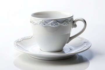 Elegant ceramic cup with ornate handle sits atop delicate saucer, both pure white, against a clean and crisp white background, inviting calmness.