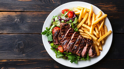 Juicy grilled beef steak is served with a side of crispy french fries and a fresh salad