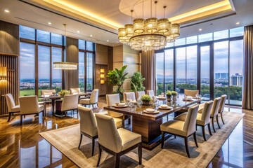 Elegant dining area with modern furniture and chic decor, set against a backdrop of floor-to-ceiling windows, in a luxurious 5-star hotel in Semarang, Indonesia.