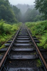 Misty railway tracks surrounded by lush greenery in a tranquil forest setting