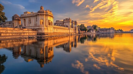 Intricate reflections of ancient architecture on a calm river timeless beauty historical monuments with vibrant skies