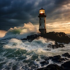 Obraz premium a lighthouse on a rocky shore with waves crashing. 