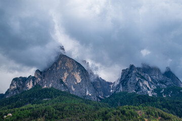 Panoramic view of Mount Sciliar on the Seiser Alm in the Dolomites in South Tyrol, Italy.