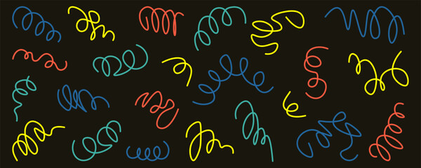 Colorful abstract squiggles arranged randomly on a black background. Concept of creativity and artistic expression. Back to school. Vector illustration