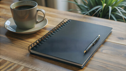 Mockup Empty black Spiral Notebook on a minimalist table, Ai generated Images
