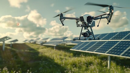Advanced drone with thermal imaging camera conducting a detailed inspection of solar panels in a 3D rendered scene