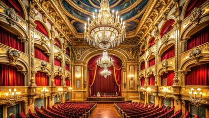 Obraz premium Elegant opera house interior with ornate golden decorations, red velvet curtains, and crystal chandeliers, evoking the grandeur of 19th-century Italian opera performances.