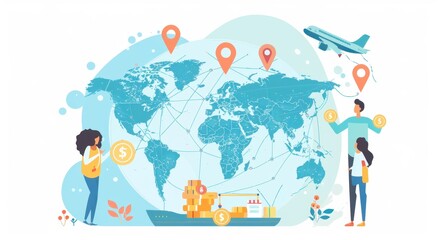 Obraz premium illustration of two people holding coins, a global map, and a cargo ship with pins around the globe for a digital cross-border logistics company Generative AI