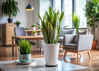 Elegant Sanseviera plant in a sleek pot, a natural air purifier, absorbs toxic chemicals, adding a touch of greenery and freshness to modern indoor spaces.