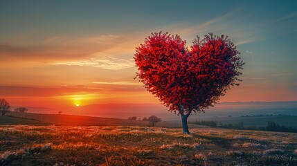 A solitary tree standing tall on a vast, open field, silhouetted against a breathtaking sunset.