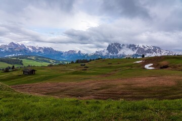 Panoramic view from the Seiser Alm to the Dolomites in South Tyrol, Italy.