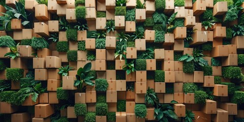 A creative arrangement of cardboard boxes interspersed with lush greenery in a modern indoor space