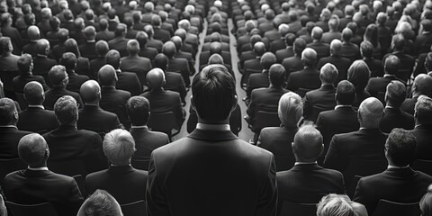 Obraz premium A lone figure stands before a vast audience in formal attire during a significant event in a grand hall, emphasizing the feeling of individuality amidst a sea of faces