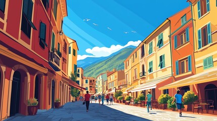 Fototapeta premium Charming street in a colorful coastal village with people strolling, vibrant buildings, and mountains in the background on a sunny day