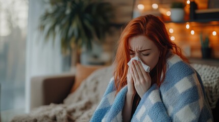 The woman sneezing indoors