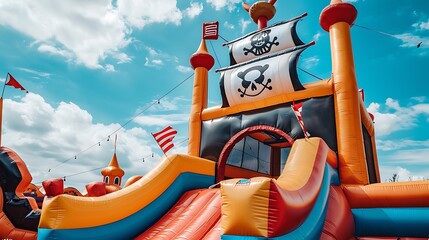 Fototapeta premium Inflatable castle shaped like a pirate ship, set up for outdoor children's play, featuring a pirate flag and fun for a birthday party at an amusement park