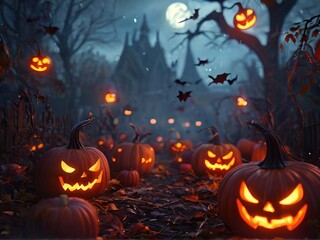 A spooky Halloween scene with carved pumpkins lit by candles, a creepy house in the background, bats flying in the night sky, and a full moon.